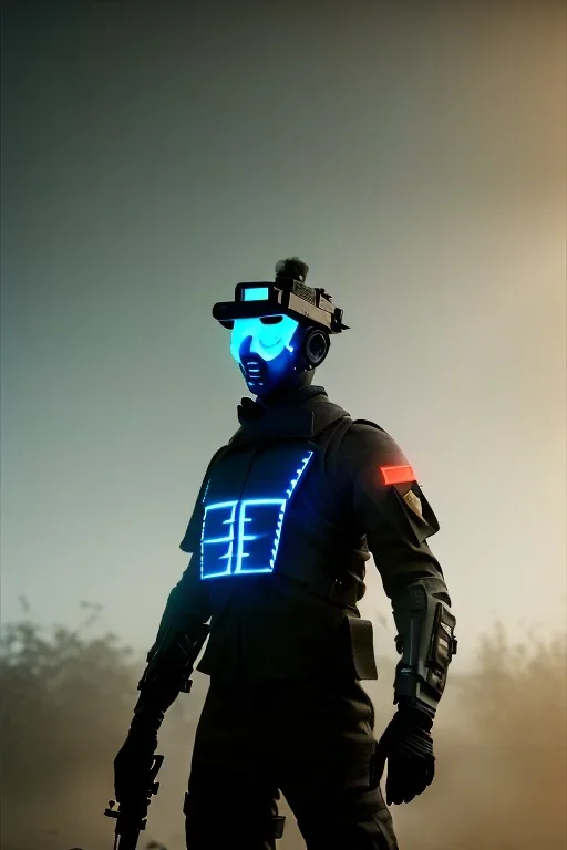 All Black soldier, ghost, wearing high tech mask, white smoke, dark, rage, sorrow, high definition, ultra 8 k, volumetric lighting, blue fire, fog