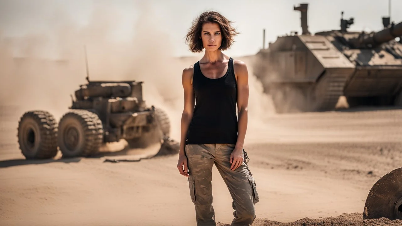 beautiful slender caucasian female technician taking cover, black tank top, well toned muscles, weathered face, scratched sand camo metal details, short brunette wavy bob haircut, dystopian, desert scene with smoke and explosions