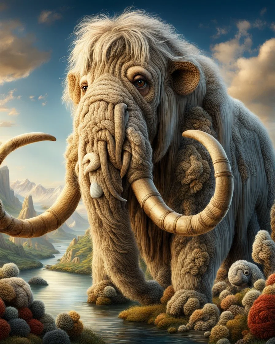 An ultra-detailed, ultra-intricate image of a wooly mammoth, almost entirely composed of yarn instead of fur. The Flo 'n Images shows a patchwork of yarn in tans, whites, & black in place of the hair. His face has tightly knitted cashmere yarn with expressive eyes. Other than his yarn coat the wooly mammoth is realistic looking and is in a beautiful hendry fantasy landscape of lakes and unusual plants, his fur is made of yarn with several skeins of yarn balls. The fantasy landscapte merges with