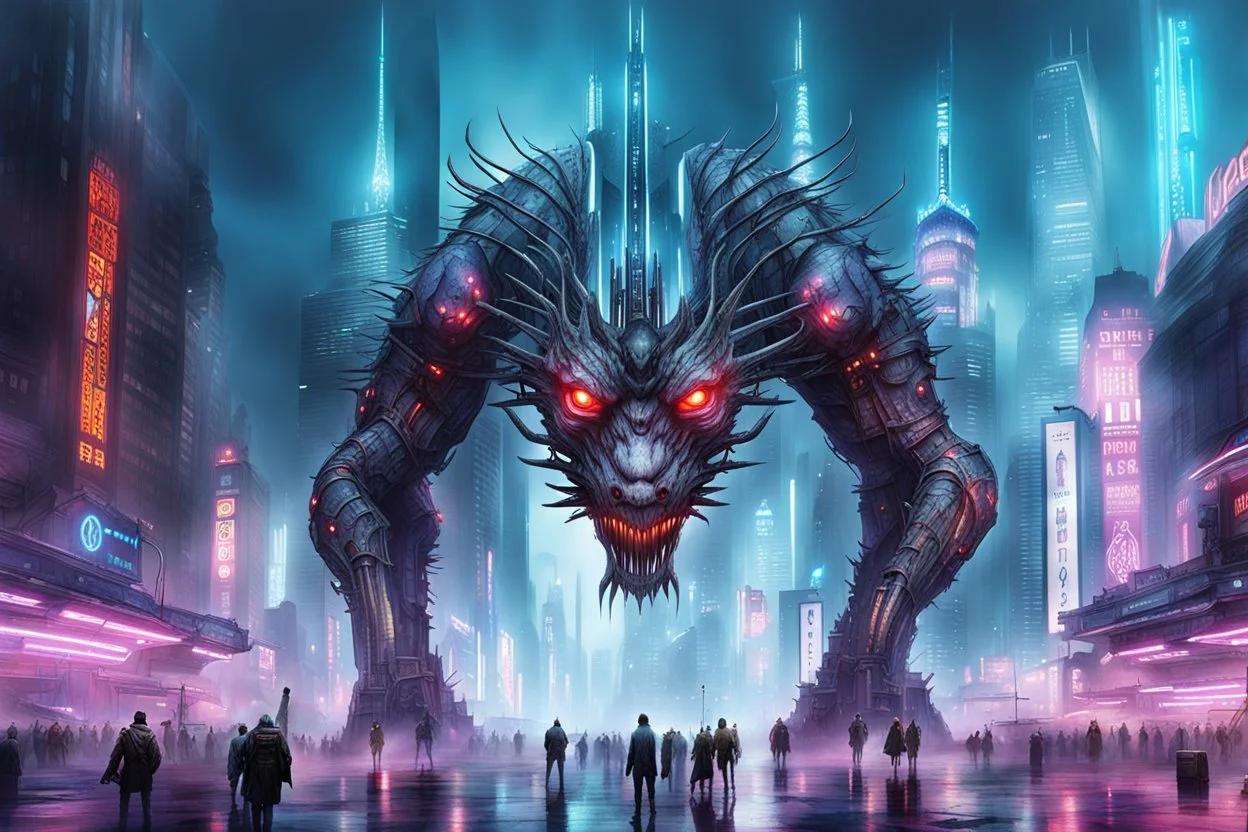 cities of the future cyberpunk in the center of the monster stands on its hind legs