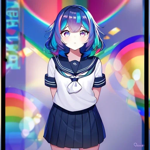 Clear focus,High resolution, Black and Rainbow short fluffy hair, and rainbow eyes, wearing a sailor uniform, must wear a short skirt with a horizontal line, you can only see her from the back, putting on sweater midway