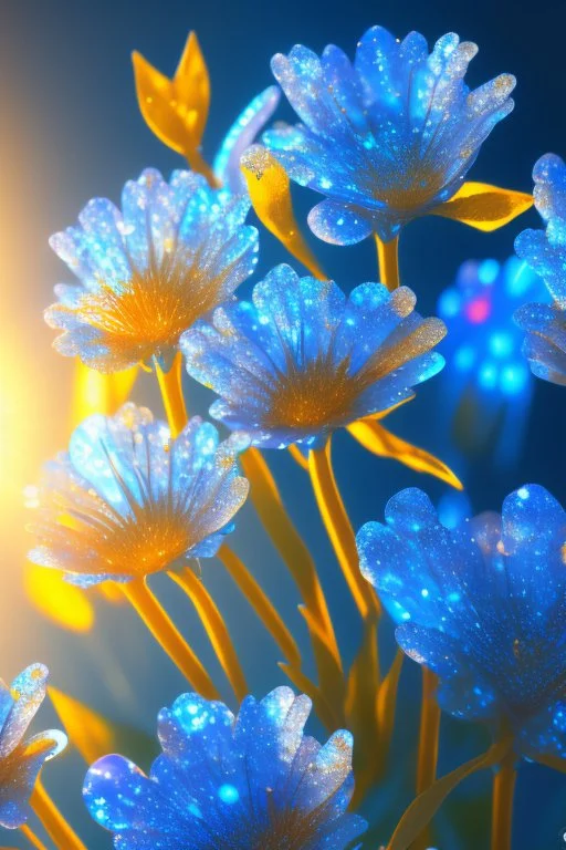 Blue flowers with dew drops, silver leaves and stems, golden ice, orange color background, glow, sun rays and glare, high detail, full detail, high resolution, glow, rendering, photorealistic, 55 mm, volumetric lighting, ray tracing, reflections studio lighting 4k poster acrylic art