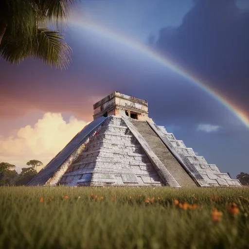 Chichen Itza, sunset, rainbow sunset, waterfall, palms, twigs, spring, sunset rainbow, bridge flying birds, unreal engine 5, cinematic lighting, realistic, hyper detailed, 8k, octane render, cinema 4d