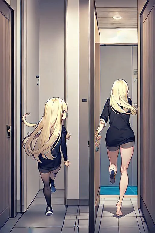 blonde girl runs in a corridor, back view, line arts, manga style