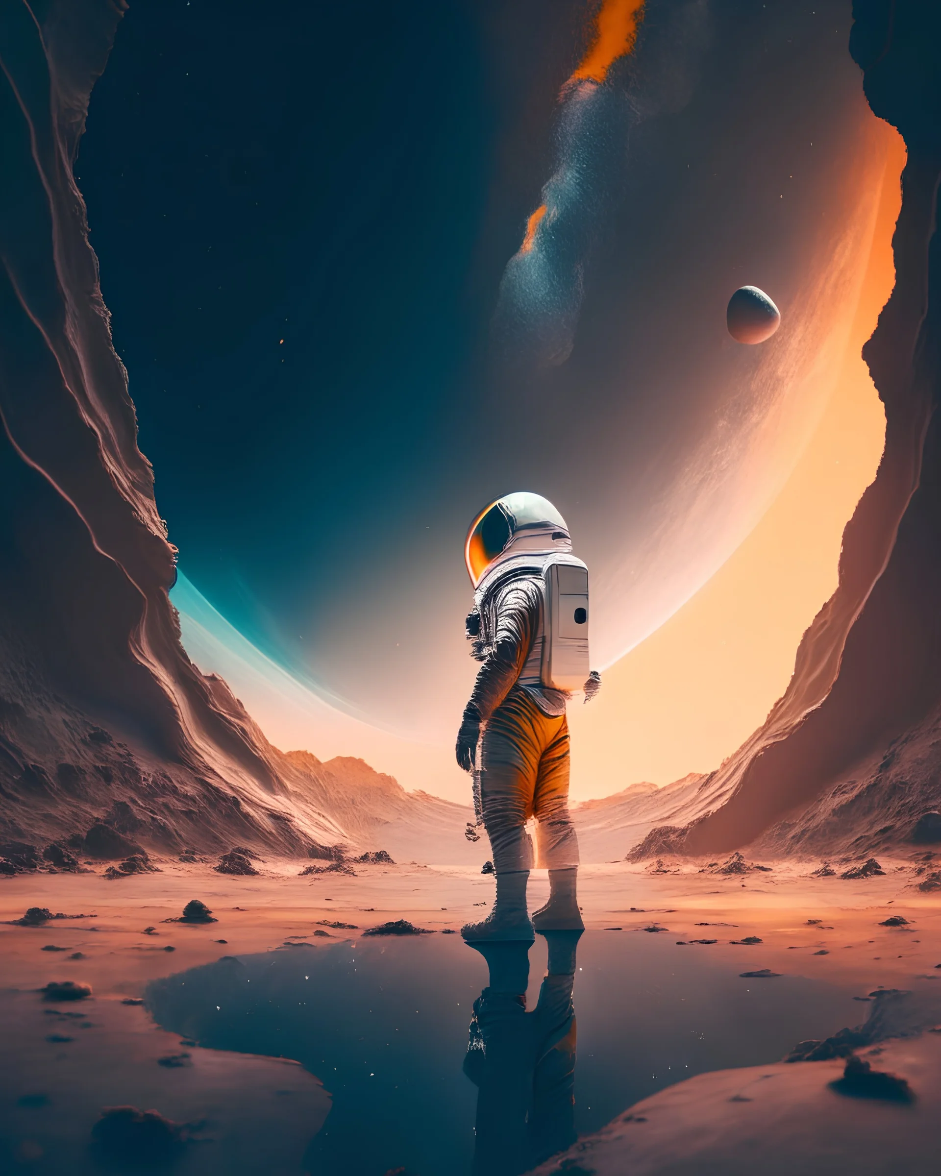 A portrait of an astronaut standing on the surface of an alien planet, gazing up at the stars, illustrating humanity's endless curiosity and drive to explore the unknown.