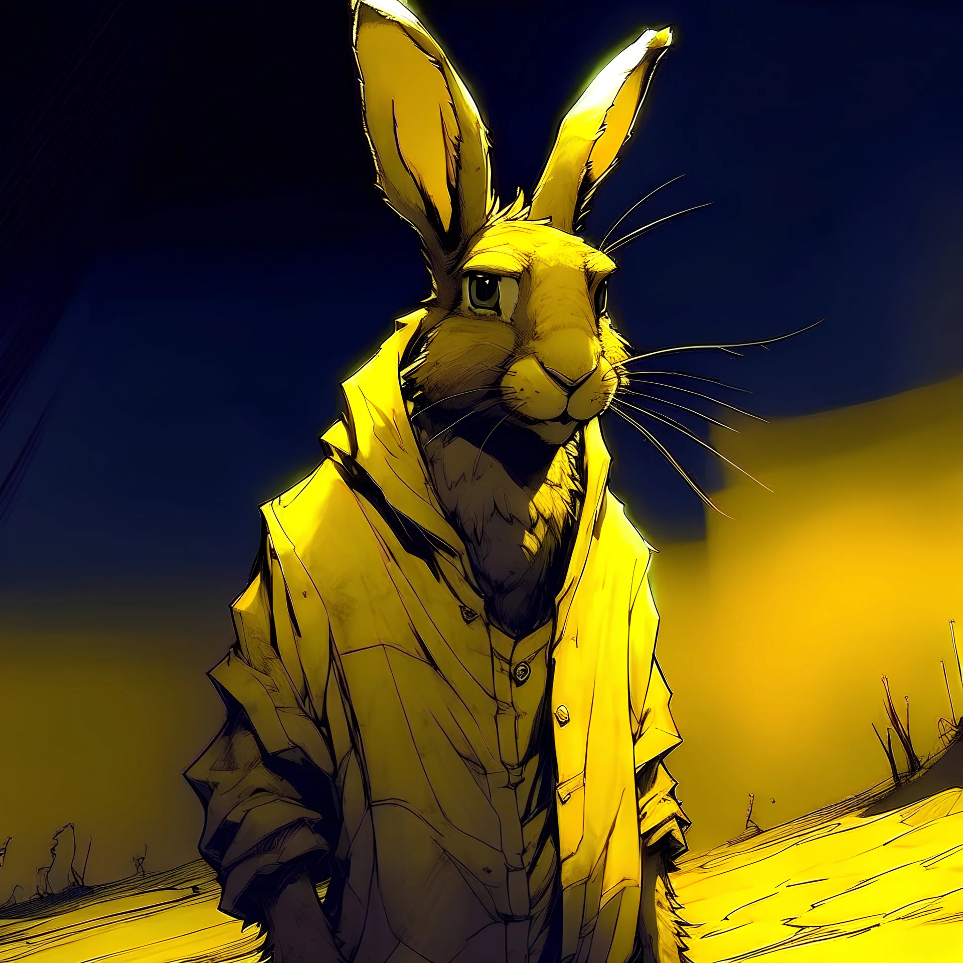 inej ghafa from shadow and bone as a humanoid hare, hiding in shadow, ready to pounce, moonlit desert night, thematic tone wash, yellow clothing, characteristic comic style