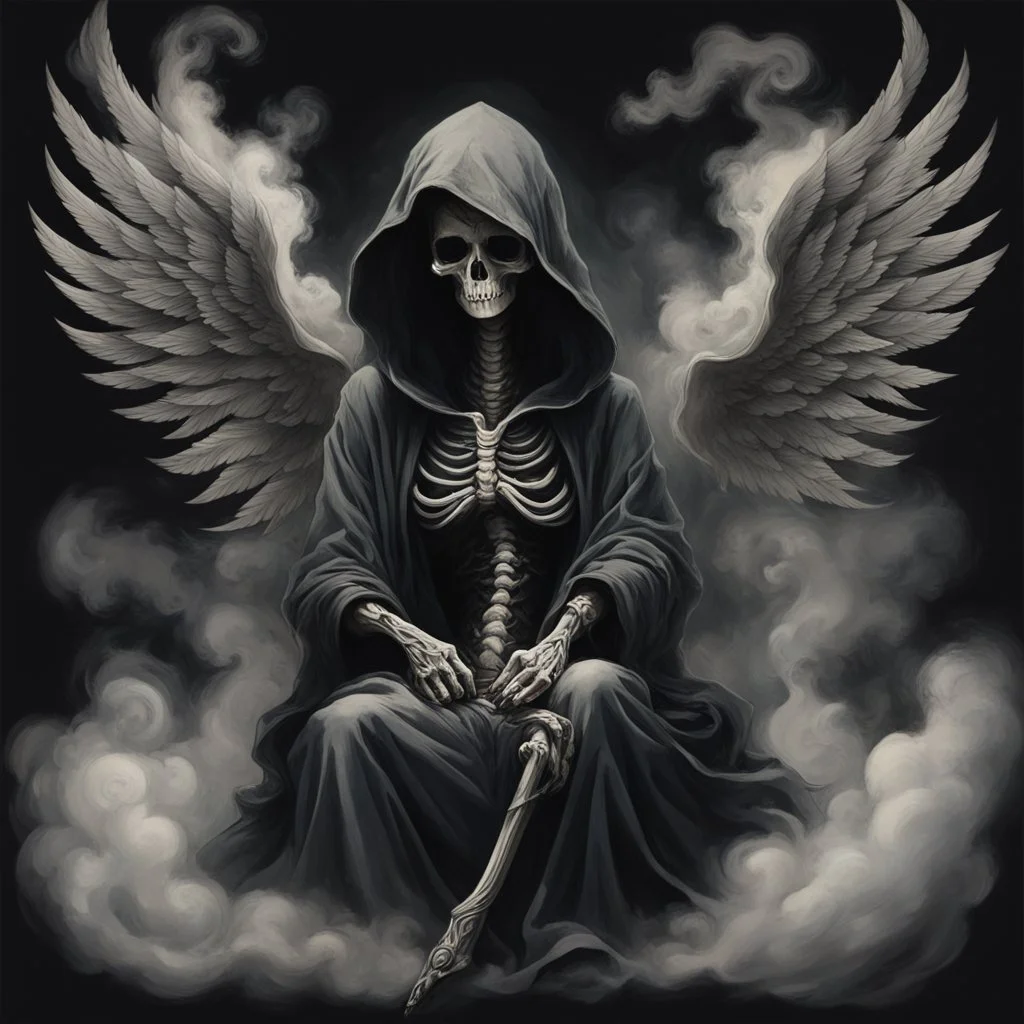 women sitting on a dark background. Her their face turned upwards and blows cigarette smoke from their mouth, The dominant colors are black and gray. It depicts a figure with wings emerging from its back. a hooded skeleton can be seen behind the clouds of smoke. he holds a scythe in one hand and a touch person in the other