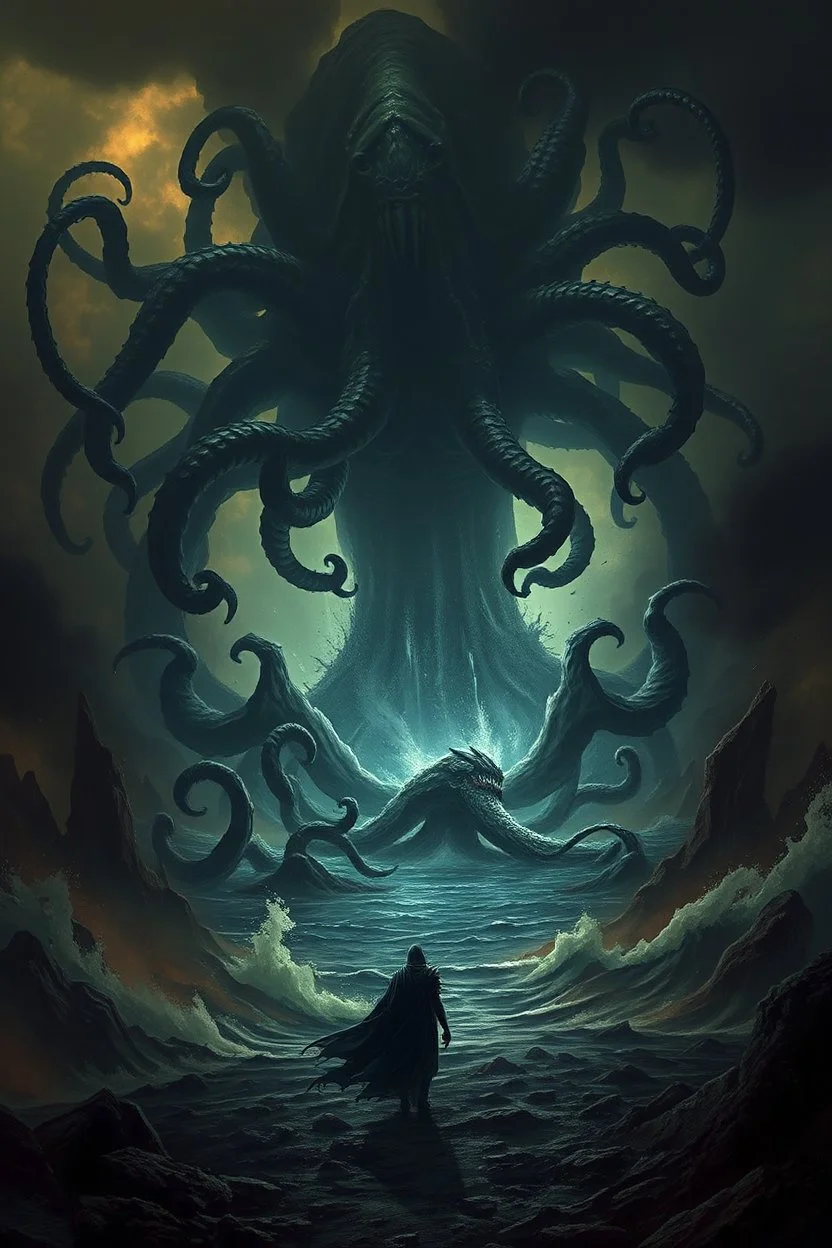 Create image depicts a dark, bdystopian landscape engulfed by a colossal, entity rising from a chaotic sea. numerous tentacles, looms menacingly over the scene, creating an apocalyptic atmosphere. Its many sharp claws and writhing tendrils emerge from the ocean, symbolizing unstoppable destruction. In the foreground, a humanoid figure stands defiantly amidst the chaos, appearing to battle the monstrous force. This figure is clad in alie