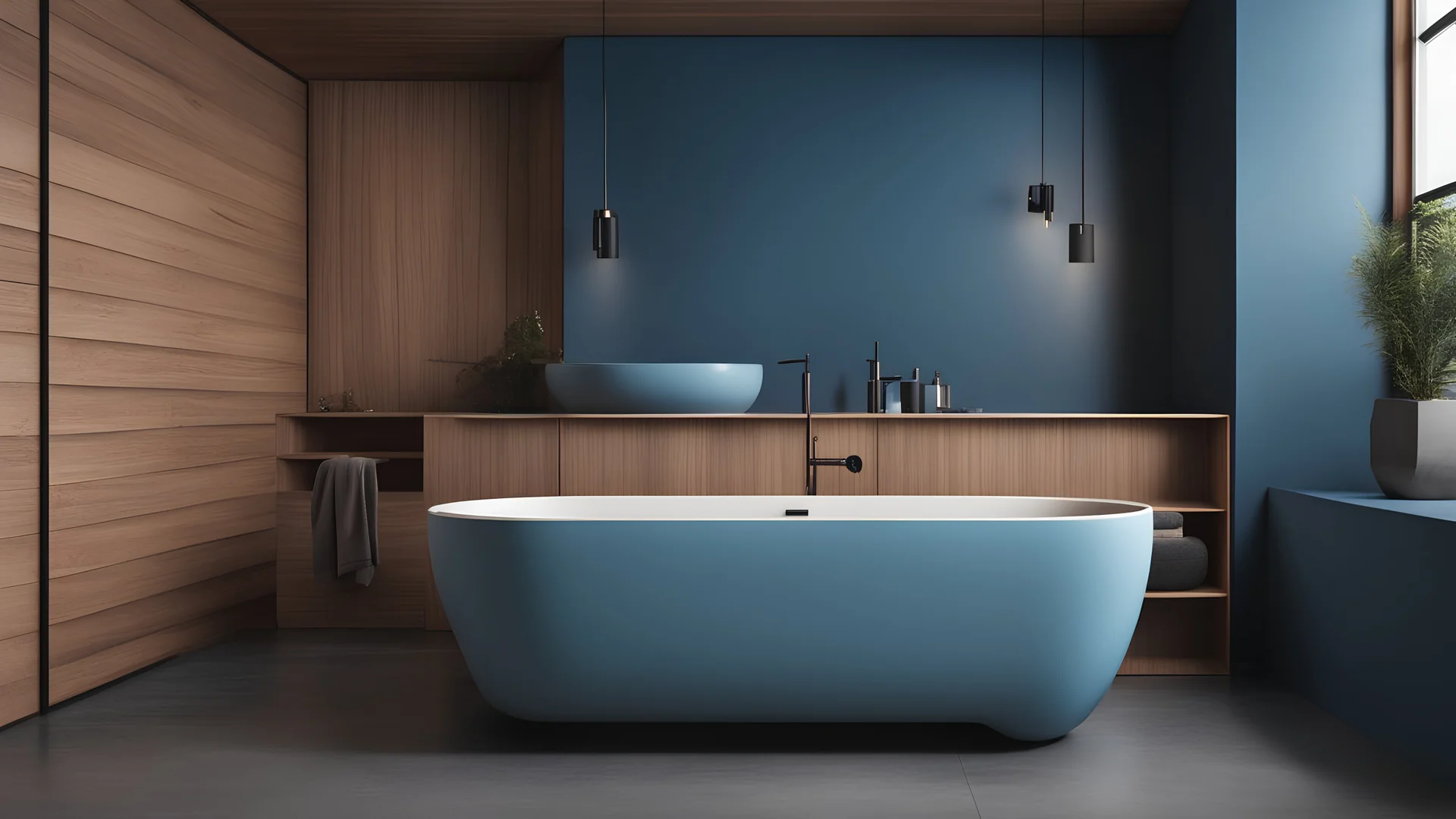 Comfortable bathtub and vanity with basin standing in modern bathroom black blue and wooden walls and concrete floor.Side view.