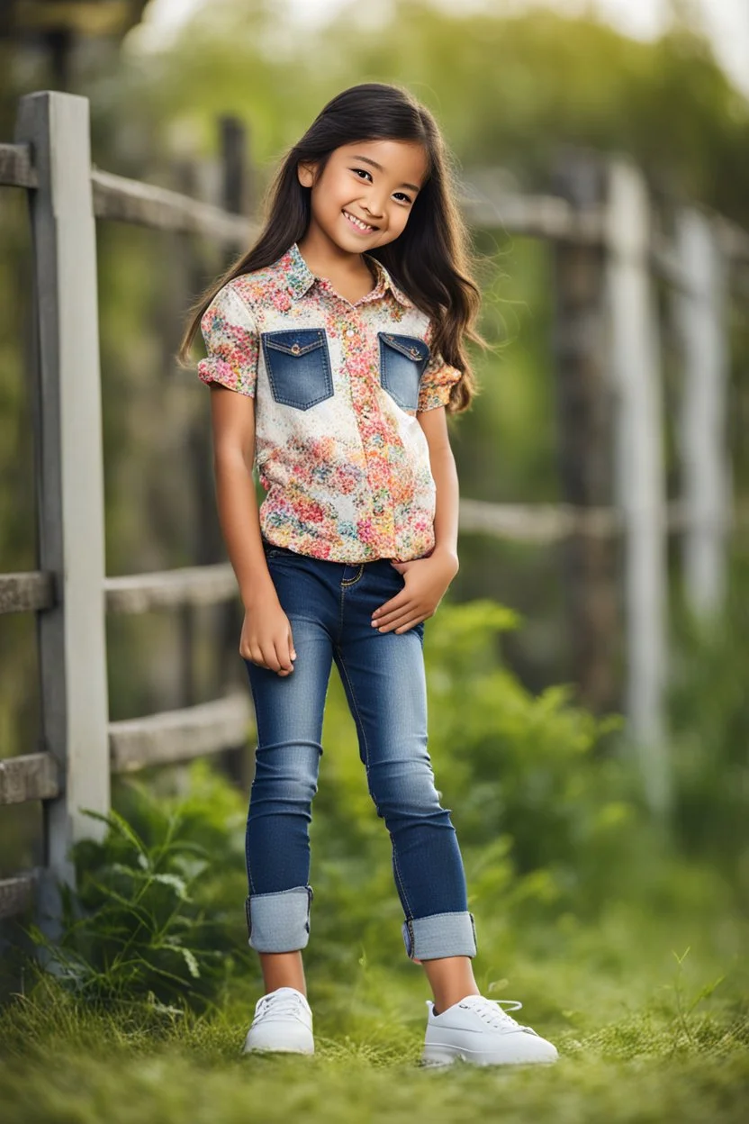 Little 8 years old 1girl wearing a pretty shirt and jean pant, standing pose