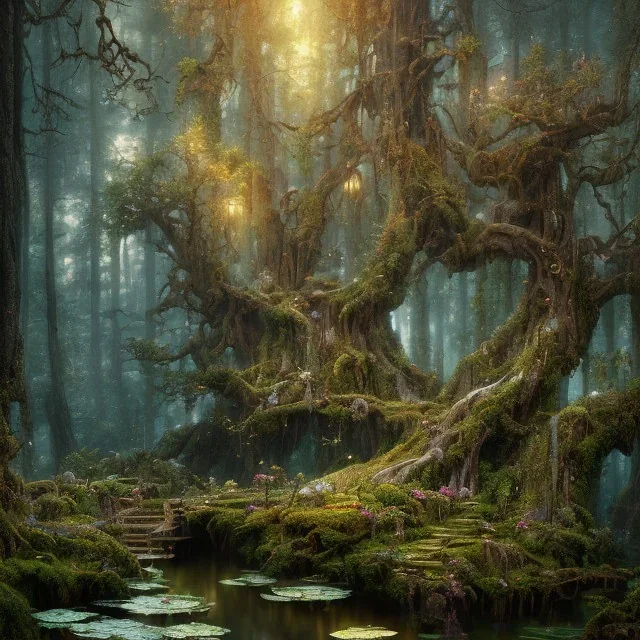 high-quality, fine-detail beautiful, breath-taking forest with gnarled trees, flowers, clear reflective lake, tranquil, stunning, 8k resolution, intricate, digital art, detailed matte, volumetric lighting, George Grie, Anne Dittman, Anne Stokes, Lisa Parker, Selina French, Alphonse Mucha