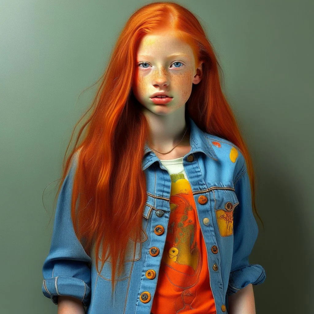 pretty girl, aged 12, ginger, conventionally attractive, colourful clothes, realism, jeans