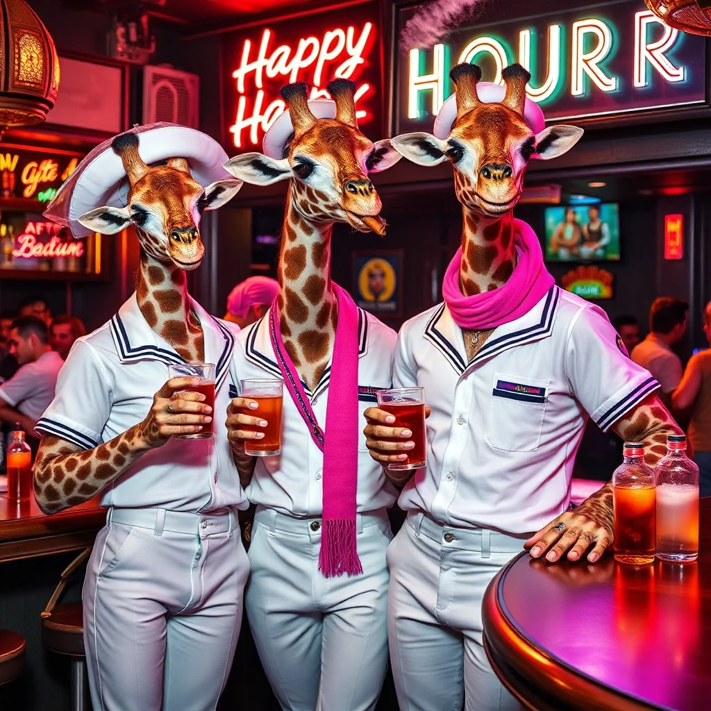 very Gay Giraffes sailors with white shirts, tight pants, happy tail and berets standing in a bar drinking drinks with umbrellas, pride, makeup, smoking cigaretts, smiling, sparkling eyes, very happy, after dark, pink scarf, happy hour drinks neon signs, necking, happy cock hour, pride, pride and pride