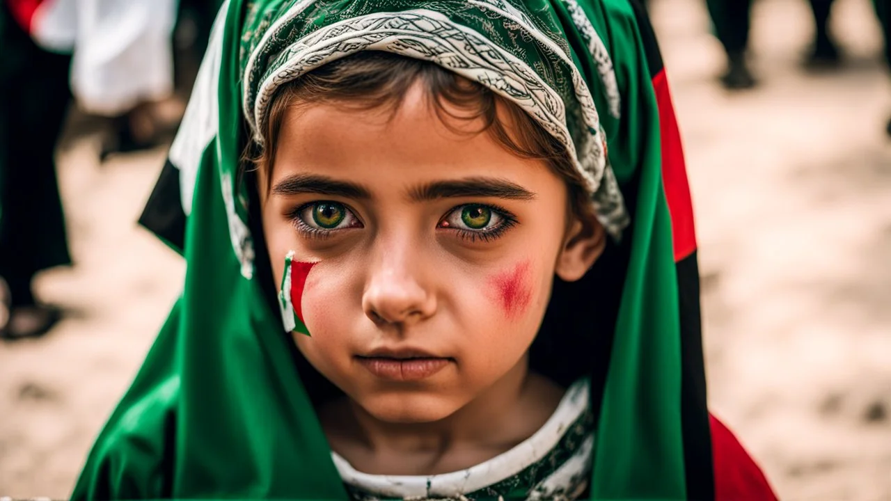 A girl wearing a Palestinian dress with tears in her eyes Her eye color is green Its color is brown Carrying the Palestinian flag