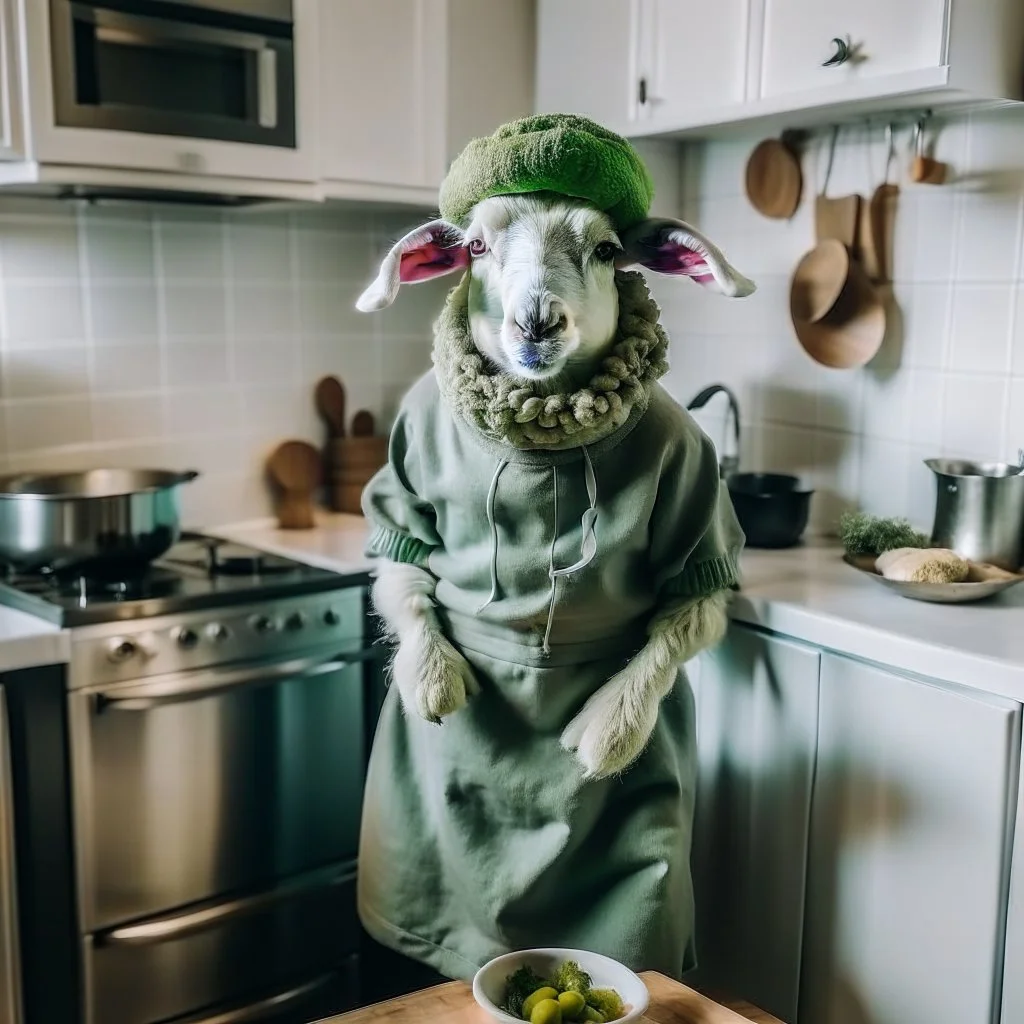 A sheep in the shape of a sheep, wearing a cooking outfit that looks the same color as its skin, in the kitchen, cooking