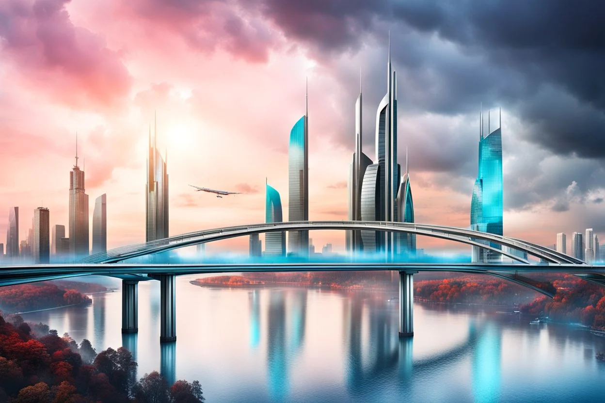 Dreamlike Skyline of Downtown futuristic hightech city in 4050 and a stunning futuristic Bridge During. dark grey and black clouds , storm, dark azur color river, cold colors, come storm, rain, high detalied, sci-fi, landscape