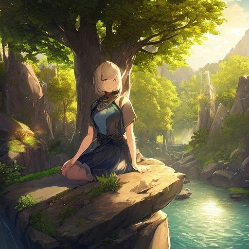 anime girl meditation pose, rock trees, birds, creek, rays of sun