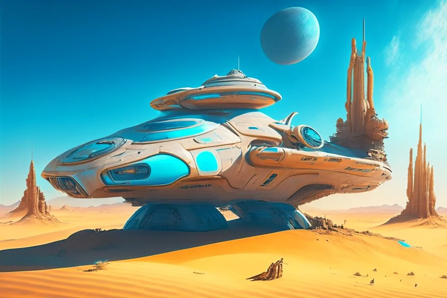 sci-fi spaceship sitting in the desert, with a blue sky, an alien cityscape