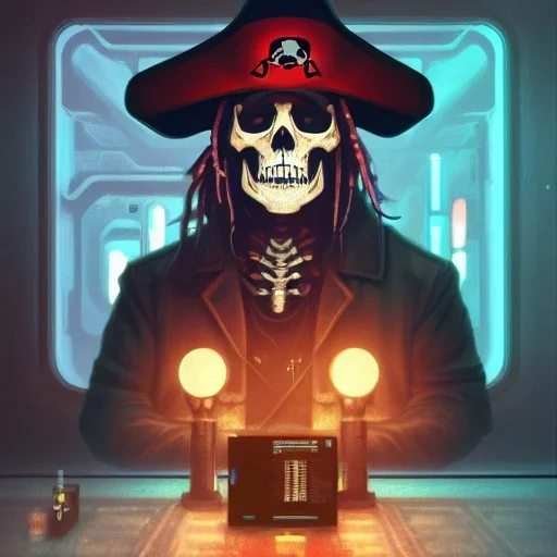 a cyberpunk hacker pirate captain skeleton drinking a beer with a pirate hat sitting in front of a huge old crt monitor in a dark room , only light coming from crt monitor, highly detailed, intricate, digital art, trending on artstation, trending on cgsociety, by greg rutkowski