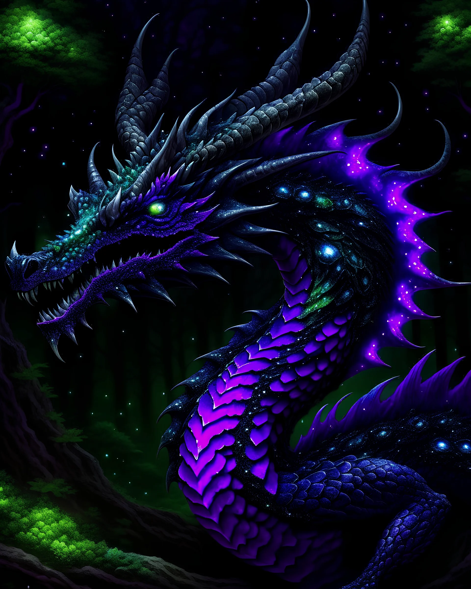 The deity dragon of the dark and enchanted forest realm is a majestic and fearsome creature. Its scales are as black as the night sky, shimmering with a subtle iridescence that hints at its magical nature. Luminescent eyes, glowing with an eerie shade of purple, peer out from beneath a crown of antler-like horns adorned with intricate patterns and mystical runes. Moss and leaves interweave between its scales, allowing it to blend seamlessly into the forest environment.