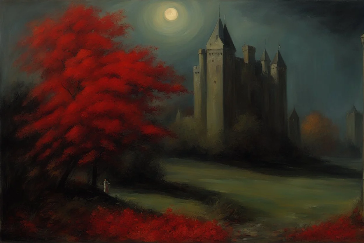 red flowers, distant old castle, night, autumn, one person, dark horror gothic movies influence, disturbing, bernard van beek and alfred munnings impressionism paintings