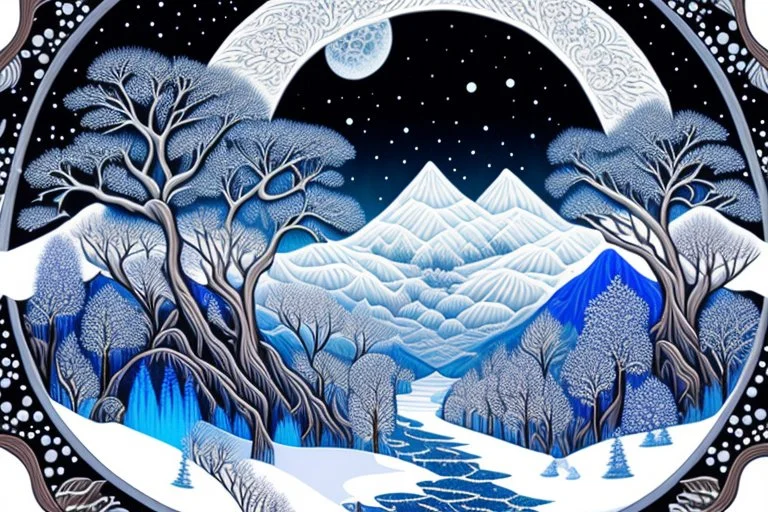 graphic drawing winter fantastical landscape, moon, round tree crowns, ice flowers, cold colors, a flat image with careful drawing and tracing of every detail, black background, cosmic bright color, folk art, Epic cinematic brilliant stunning intricate meticulously detailed dramatic atmospheric maximalist digital matte painting, perfect composition, masterpiece