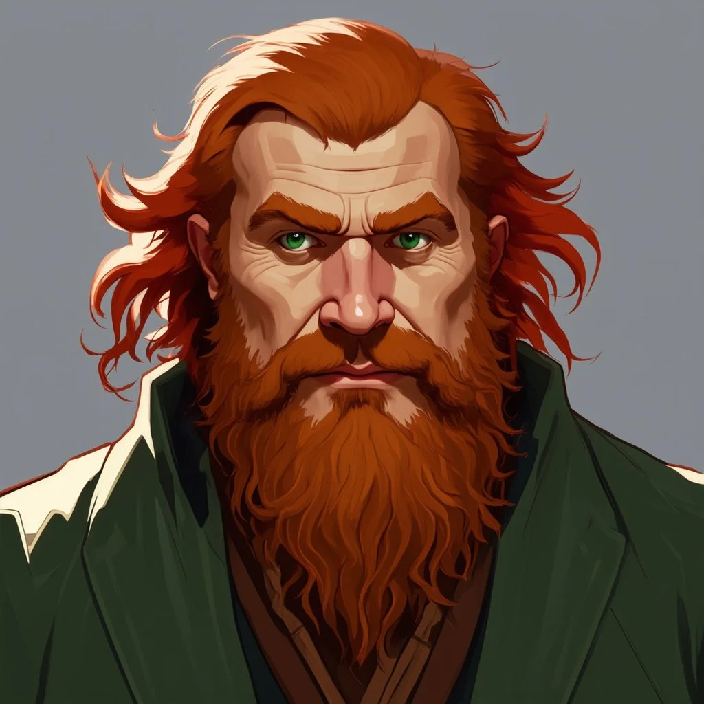 dnd, fantasy, watercolour, sharp, stylistic, portrait, illustration, dull colours, male, dwarf, face, bearded, long brows, frugal, weathered face, green eyes, determined, happy, red hair, very long hair streaming down the shoulders, radiating light, five o'clock shadow, softer facial features, dignified