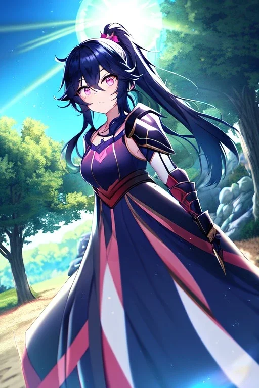 girl, masterpiece, best quality, cinematic lighting, detailed outfit, vibrant colors, perfect eyes, long hair, dark blue hair, pink eyes, ponytail, messy hair, hair between eyes, outdoors, depth of field, ray tracing, armored dress, angry, sun, lens flare, trees,