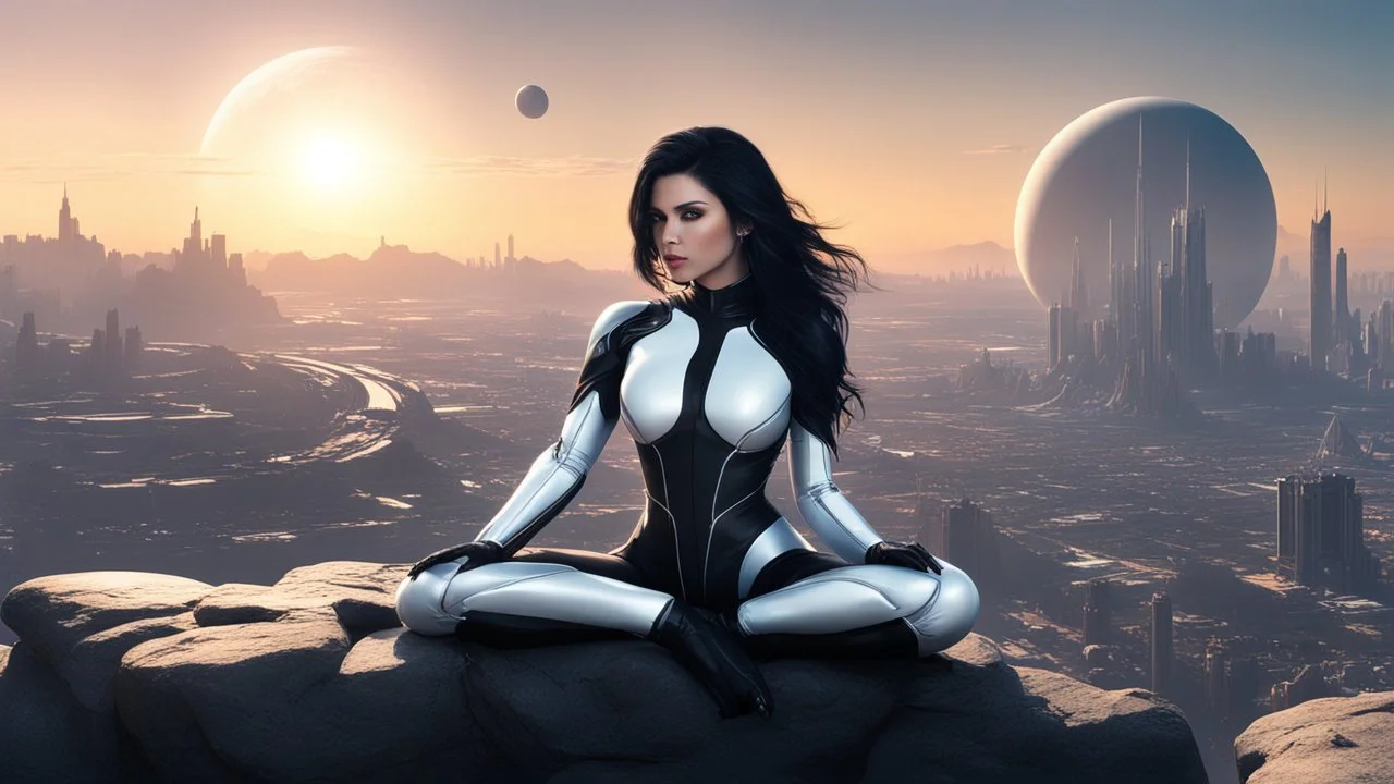 A white woman with black hair, in an android-looking catsuit, sitting on a rock, sideways, with Saturn planet behind her, filling most of the sky, a futuristic city on the horizon, evening sunlight