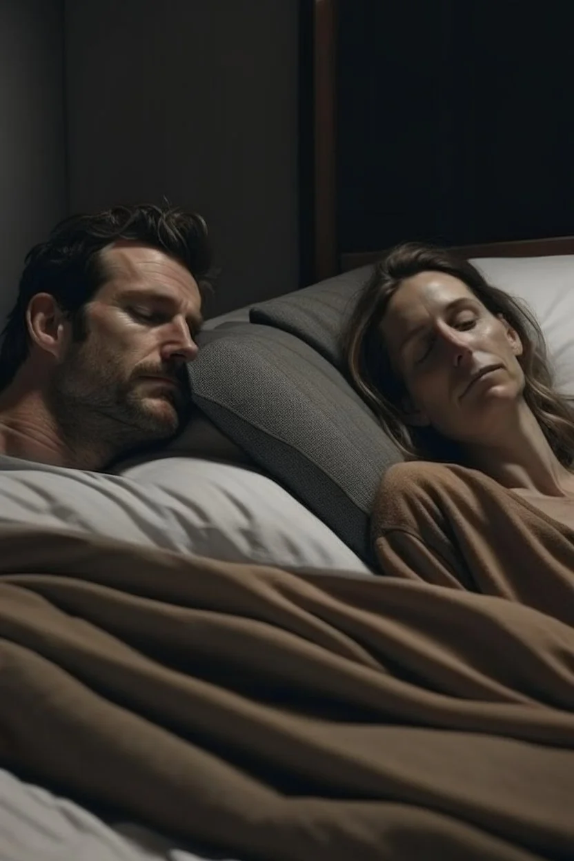 a man sleeping in a bed with a woman next to him sitting up