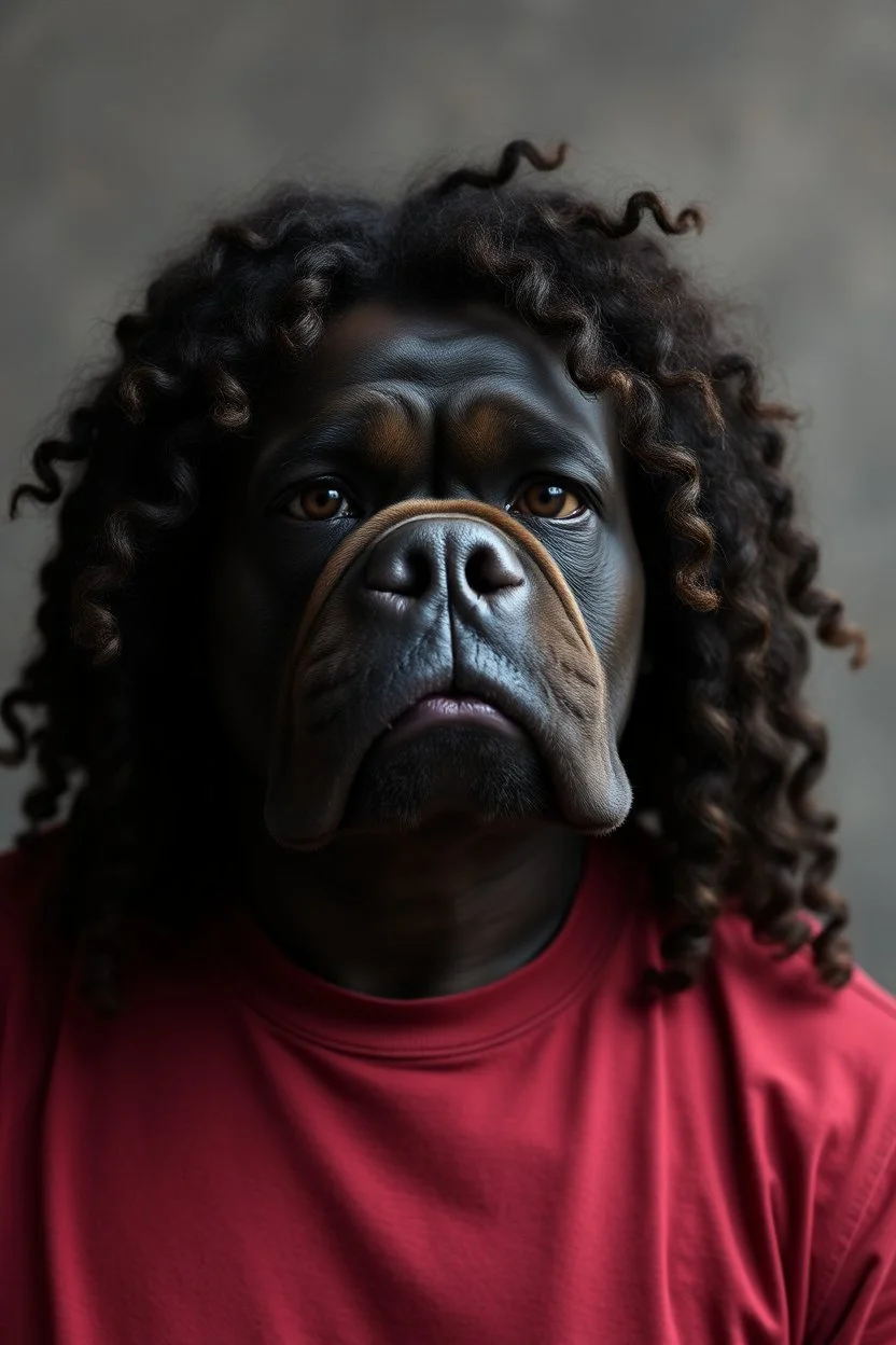 Portrait of a man his face looks like dark bulldog dark skin male and a long curly hair