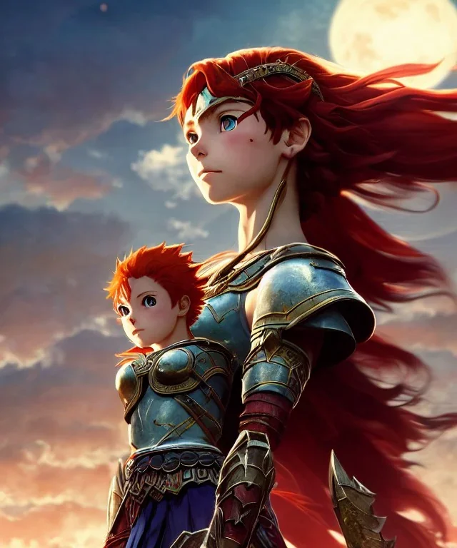 portrait, beautiful stunning warrior goddess, babycore red short hair, ice eyes, fantasy atmosphere, styled by Corrado Vanelli, Norman Rockwell, Boris Vallejo super detailed, Studio Ghibli, Anime Key Visual, by Makoto Shinkai, Deep Color, Intricate, 8k resolution concept art, Natural Lighting, Beautiful Composition