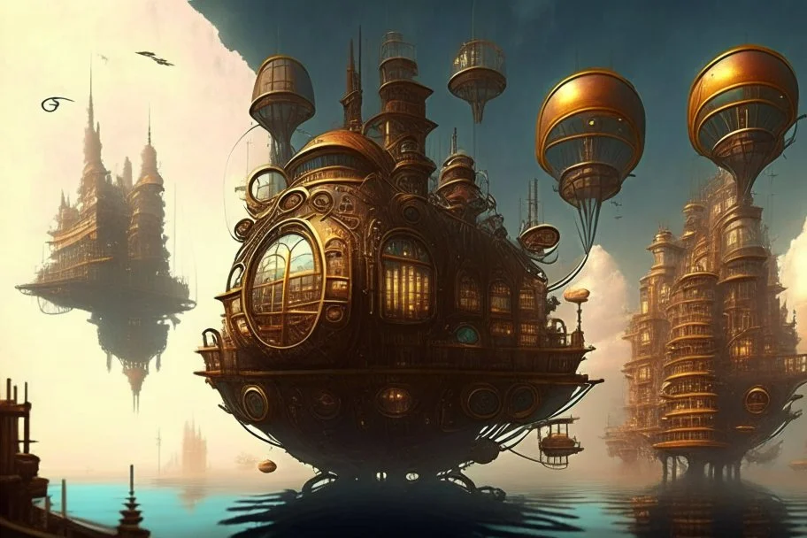 make a beatiful steampunk background of a floating city