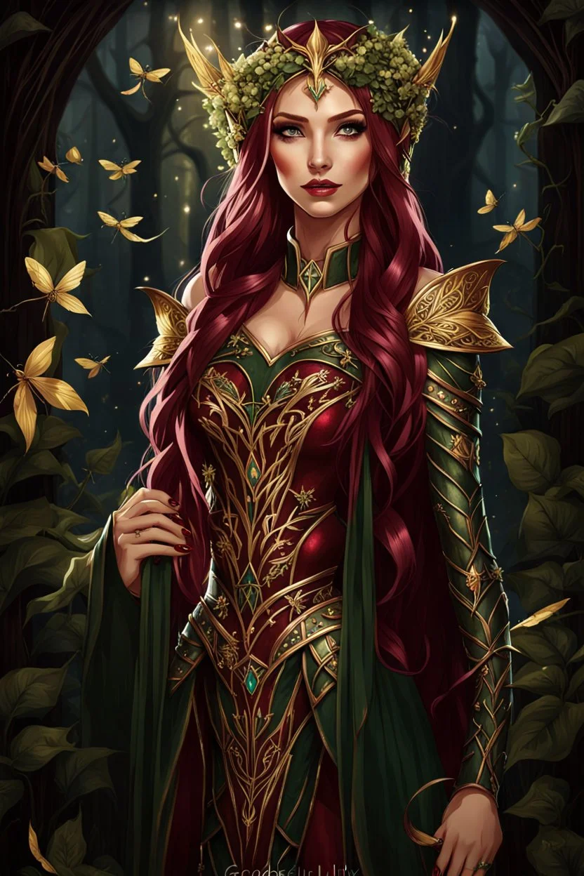 Burgundy hair, dark hair,dark red , rapunzel hair,very long hair,dark fairy princess,elven crown,night,dragonflies,beautiful,ong ashes,golden armor ,sparkle,night blooming,ivy,dark green,lilly of valley,golden elven crown,elven warrior,dark gold armor