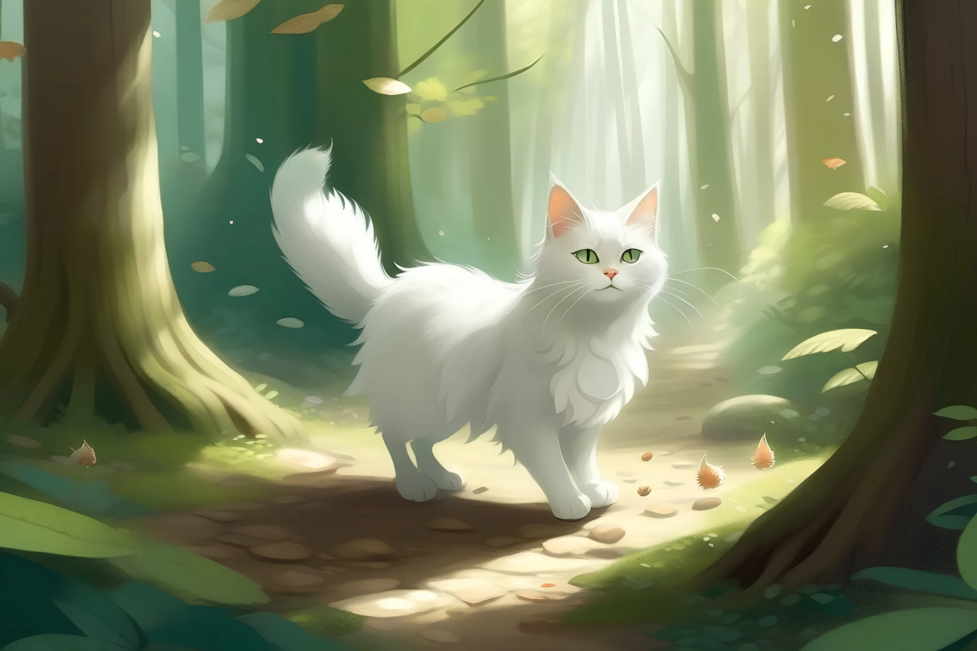 Generate an image of furry white cat walking through a forest filled with tall trees and dappled sunlight. Show furry cat interacting with various woodland creatures like squirrels, rabbits, and birds in separate vignettes.