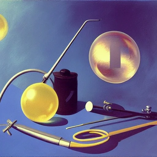 Soap Bubble,complex surgical instruments mixed with musicial instruments,minimalism,Painting By Adrian Ghenie, Rene Magritte, Salvador Dali, Lucian Freud