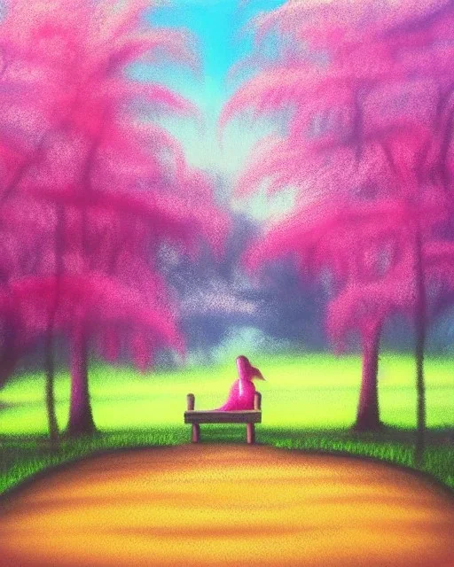 park mystical dream, park bench, man, woman, child, dog, trees, path, bird, sunshine, mystical, fantasy, romanticism, pastel colors, daylight, daytime, acrylic painting, detailed, soft focus,