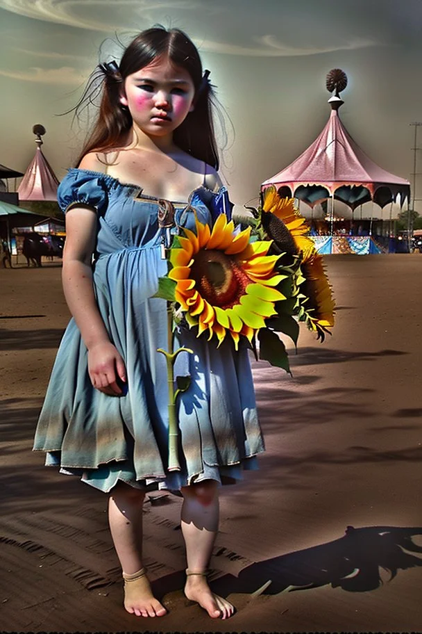 solemn girl in a worn blue dress stands barefoot in a dusty carnival setting, holding a sunflower. A carousel and faded tents loom in the background, with shadowy horses nearby.