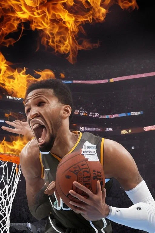 8k, highly realistic and detailed image of a NBA basketball player in action dunking the ball in the net, sweaty hair, screaming look,action and smoke and flames background