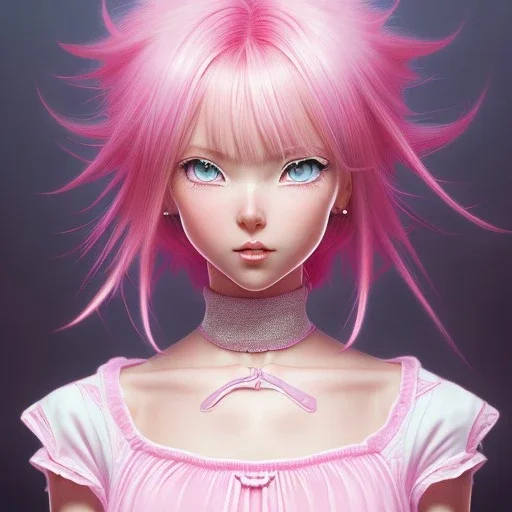 Personagem de anime de cabelo rosa,dona de casa usando um vestido rosa e branco,altissimo detalhe,altissima resolução,pintado por Hirohiko araki