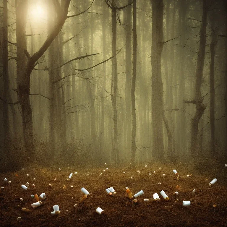 a forest made of cigarette butts. post-apocalyptic, hyperdetailed, lens flare, bokeh, low-key lighting, kodachrome