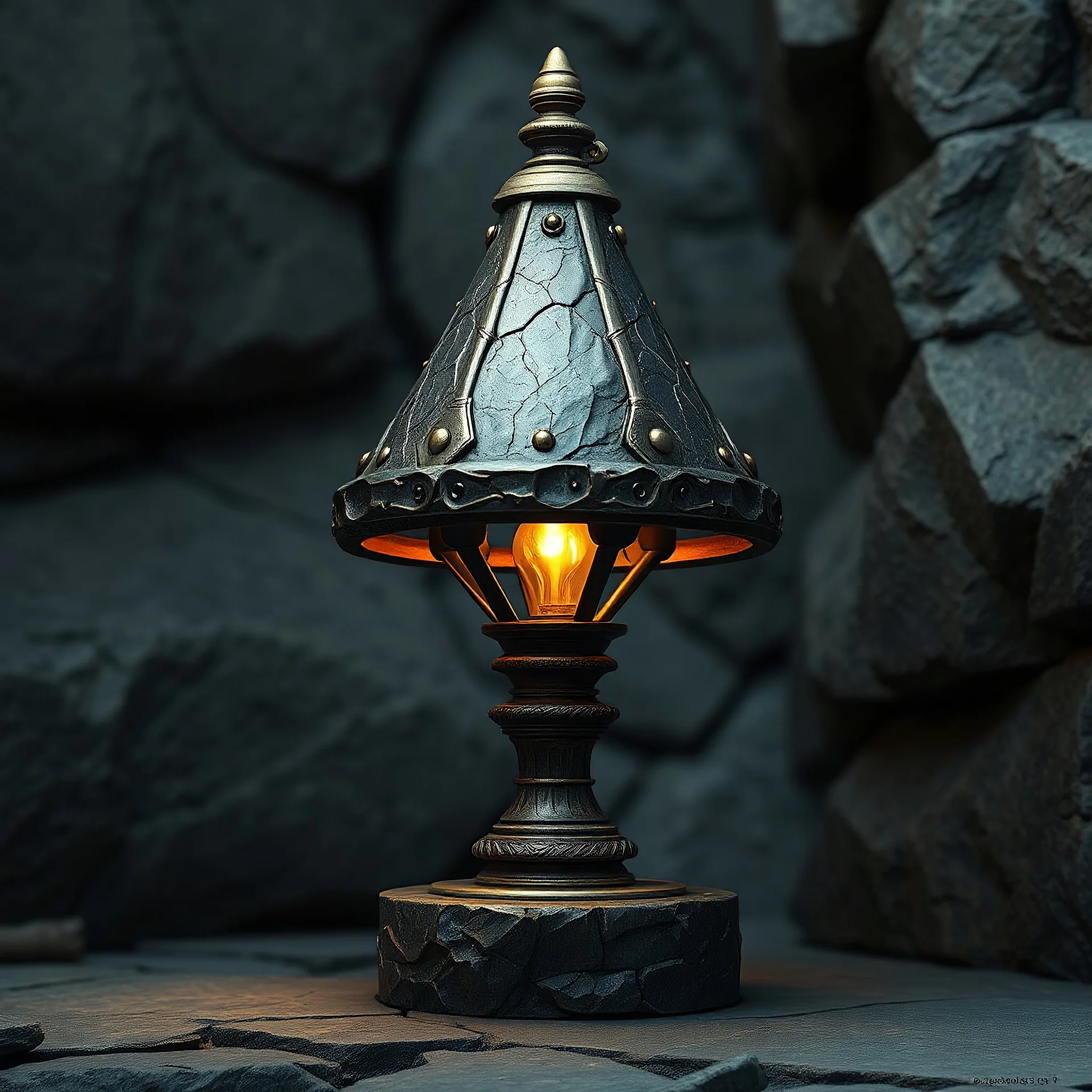 dwarven-style lamp concept realistic abstract, metal stone and brass