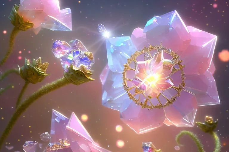 one big crystal subtle flower in a galactic ambiance with a very little beautiful fairy, transparent petals, delicate colors, in the foreground, full of details, smooth, bright sunshine，soft light atmosphere, light effect，vaporwave colorful, concept art, smooth, extremely sharp detail, finely tuned detail, ultra high definition, 8 k, unreal engine 5, ultra sharp focus