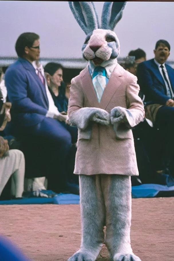 1990 human show the winner is a "half human rabbit combined animal::40", realistic (film Color Mission 200::10) photo from old disposable camera , grainy photo, large suit