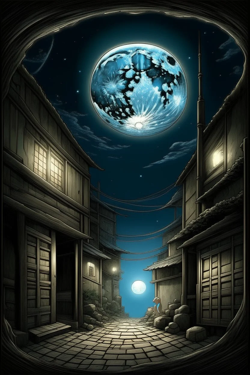 ROOM OF THE MOON BUILDER BUILDING THE MOON HIDDEN SHADOWY FIGURES LABIRINTHINE STREETS STYLE OF HIROKU OGAI