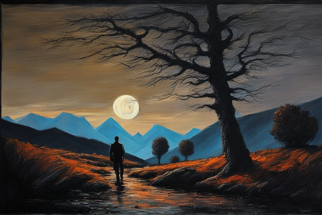 Trees, night, mountains, one person, 2000's sci-fi movies influence, ludwig dettman and willem maris impressionism painting