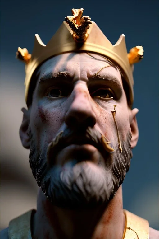 Ultra Realistic image, Roman sculpture, white marble material, Lionel Messi, gold crown of natural thorns, god crown, Renaissance style, sun rays background, waist up portrait, gold flecks, epic, celestial, cinematic lighting, God lights, 4k resolution, smooth details, soft lighting, unreal engine 5, art station, substance 3d.