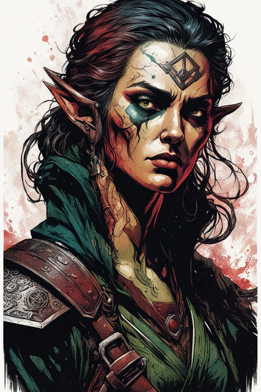 highly detailed color woodcut concept illustration of a world weary, female Scoia'tael rebel elf character , maximalist, sharp focus, highest resolution, in the styles of Denis Forkas , Bill Sienkiewicz, and Masahiro Ito, boldly inked, 8k, coarse, gritty textures