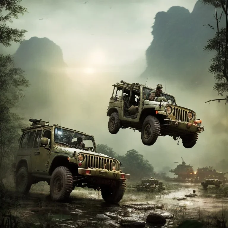 vietnam war. war report. jeep in jungle. poster. bokeh. lens flare. warm lights. high detailed. beksinski