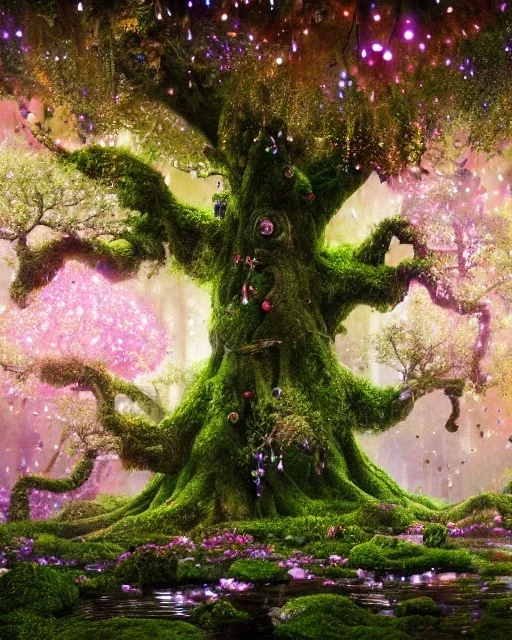 the most stunning, beautiful, Tree of Life with dripping flower garlands, floating globes of light, moss, 8k resolution, high-quality, fine-detail, iridescent, intricate, digital art, detailed matte, volumetric lighting, illustration, 3D octane render, brian froud, howard lyon, selina french, anna dittmann, annie stokes, lisa parker, greg rutowski, alphonse mucha, George Grie, Ben Goossens, Igor Morski